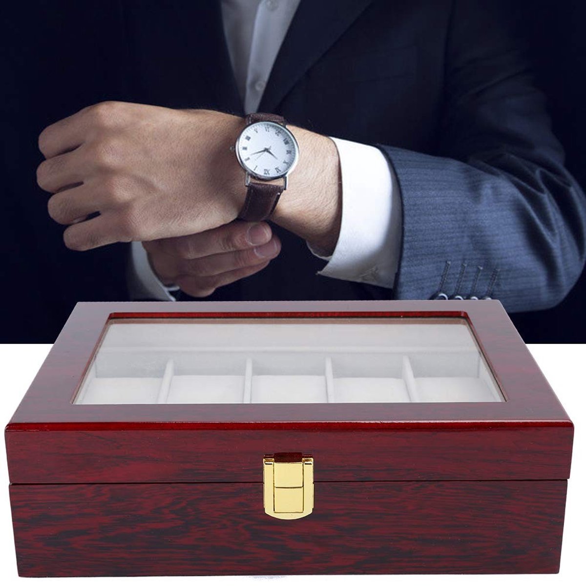 By shayne - Horlogekast - Houten horlogedoos - Luxe organizer - Rood - Sieradenhouder - 10 roosters en transparant raam - Geschikt voor horloges en s.