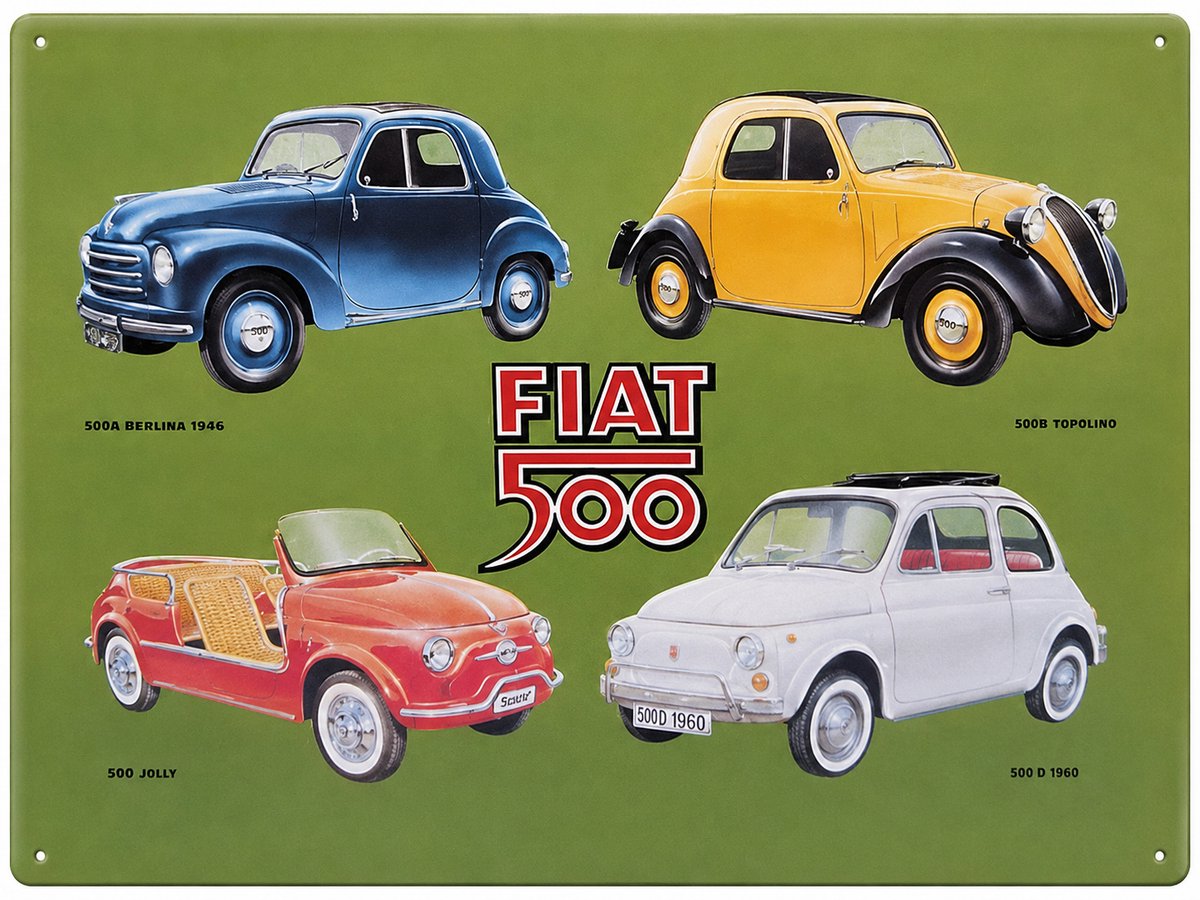 Fiat 500 Metalen Wandbord - Fiat 500 - Vintage Reclamebord - 30x40 cm - Mancave Garage Bord - Wanddecoratie Woonkamer- Retro Auto Decoratie - Cadeau Man - - Horeca - Reclameplaat - Cafe - Bar - Kroeg - Tekstbord - Vintage - Muurplaat