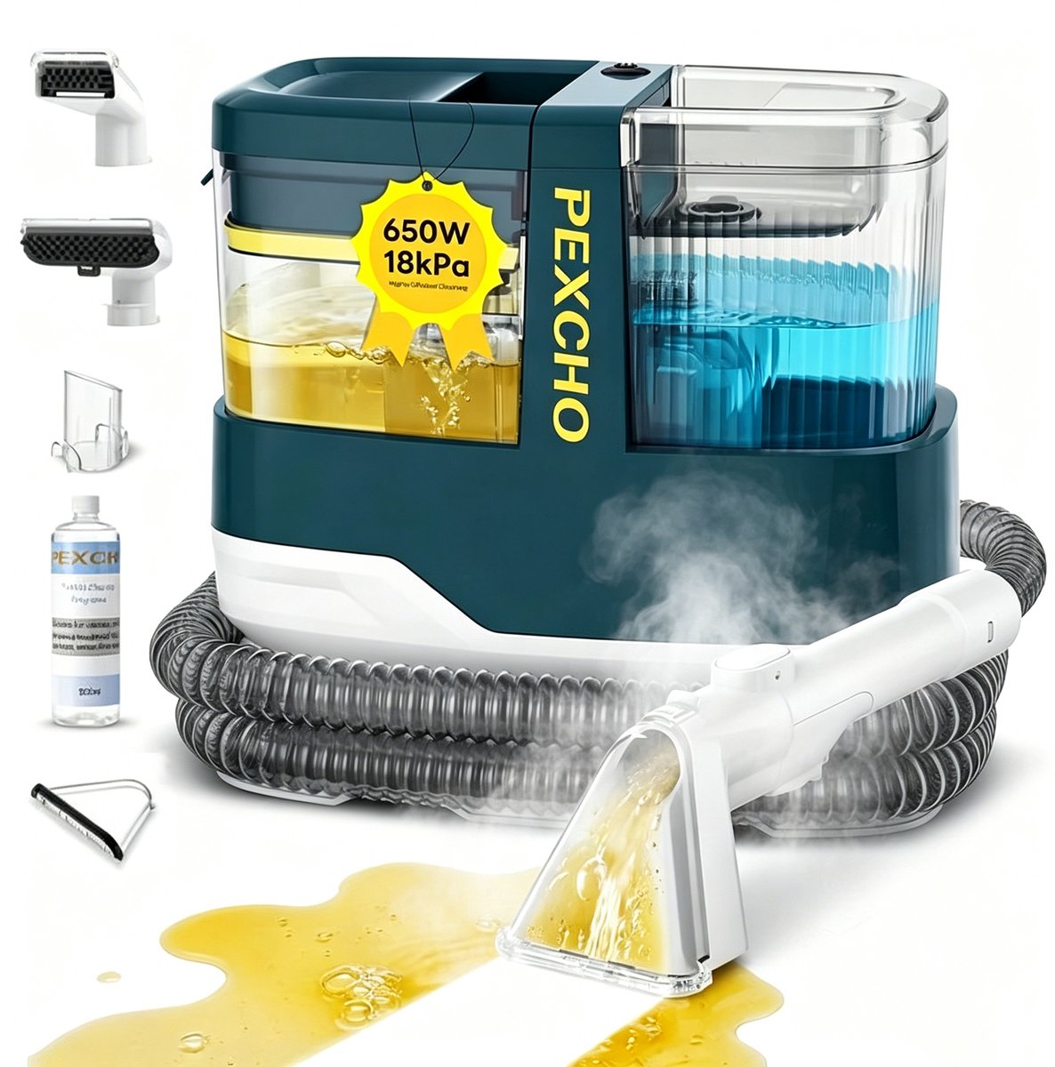 PEXCHO Tapijtreinige-Stoomreiniger-600W-100° Stoom-Bank reiniger-18000Pa- Zelfreinigend-Meubelreiniger - Incl. Schoonmaakmiddel