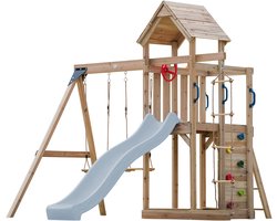 AXI Moos Speeltoestel met Dubbele Schommel en Touwladder Bruin – Pastel Blauwe Glijbaan – Zandbak en Klimwand – Telescoop en Stuur - FSC hout - Speelhuis op palen voor de tuin