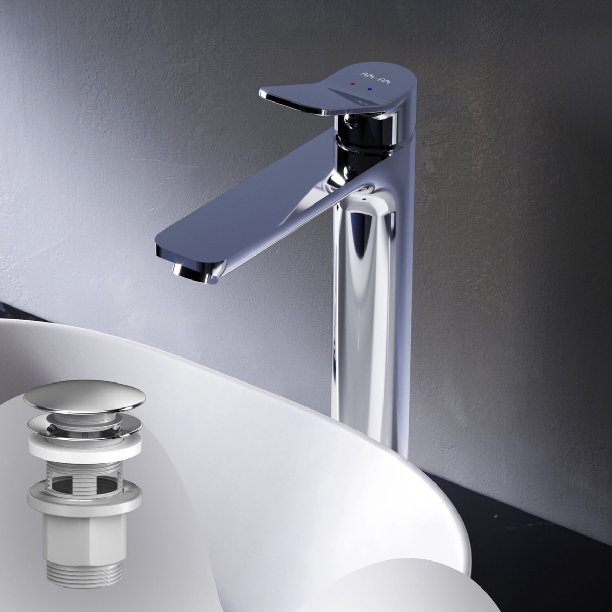 AM.PM X-Joy - Wastafelkraan hoog met push-open waste set - Waterbesparend - Messing - Chroom