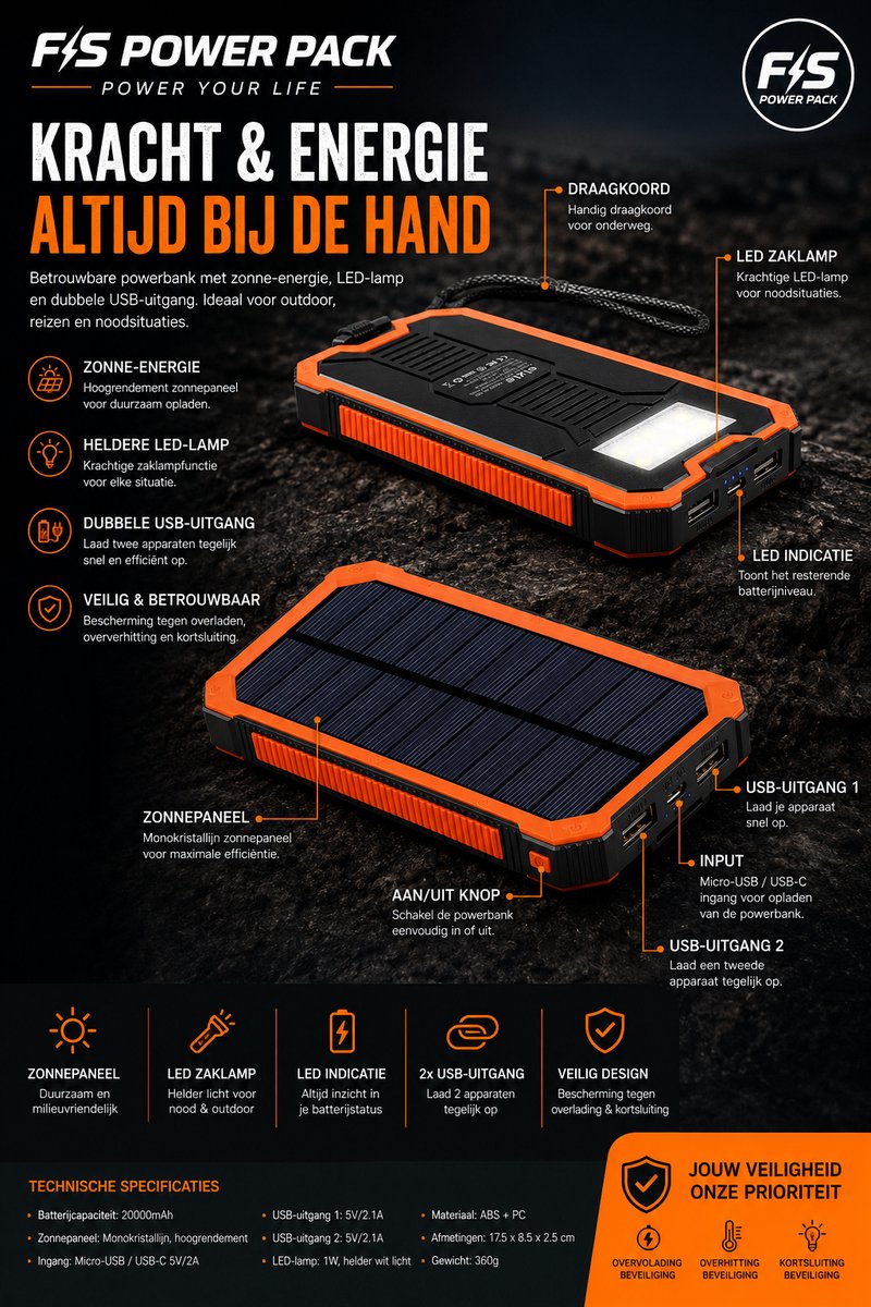 Noodpakket Solar Charger! Zonne-energie opladen 20000mAh Solar Powerbank FS Power Pack 20000mAh Solar Powerbank – Snelladen – Waterdicht – LED Zaklamp & SOS – Externe Accu – Outdoor Noodpakket – Draagbare Zonne-Energie Power Bank – foto 6