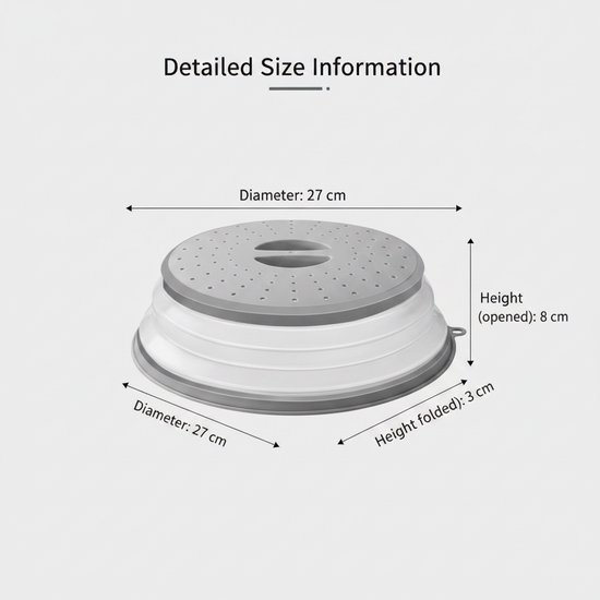 Afmetingen van de opvouwbare magnetronhoes: diameter 27 cm, hoogte 8 cm geopend, 3 cm opgevouwen.