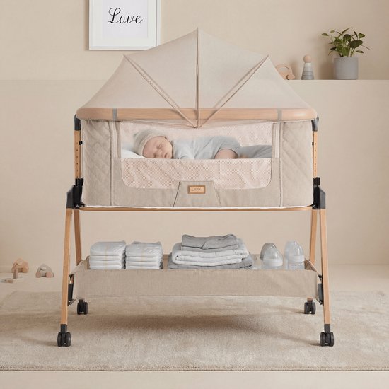 Love For Sleep Co-Sleeper & Beistellbett – Wieg 2-in-1 – Verstelbaar in 7 Hoogtes – Inclusief Matras, Muskietennet & Reistas – Naturel Khaki