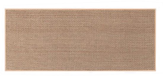 Un tapis de sol rectangulaire aspect lin naturel dans des tons beiges, avec une texture tressée.