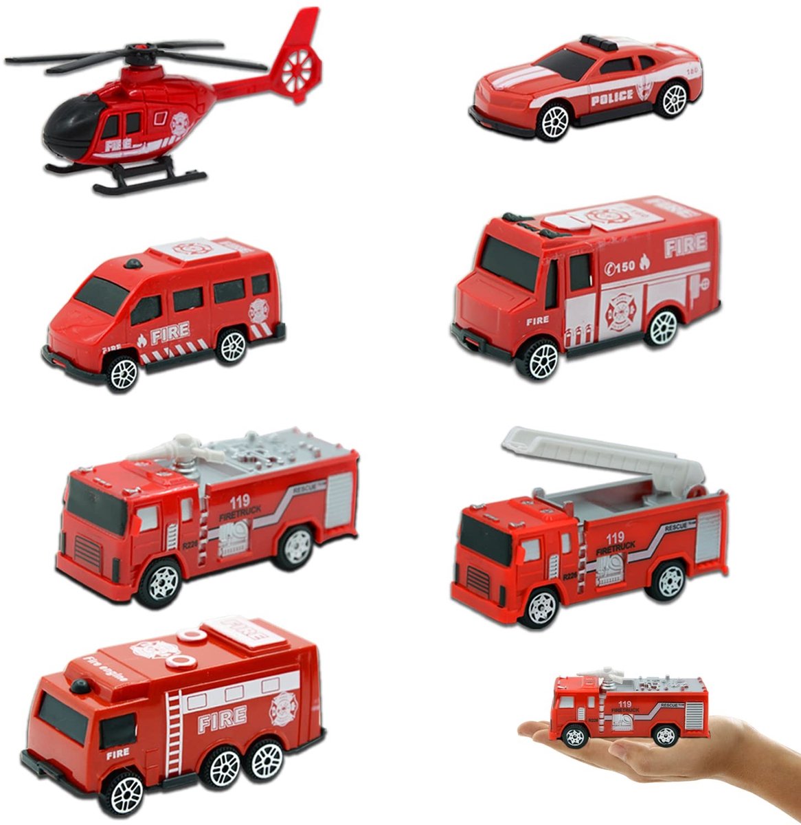 Zeynomax - Brandweerautoset - Speelgoed - 7 voertuigen - Speelplezier - Reddingsvoertuigen - Voor jongens en meisjes - 5 x 2 x 3 cm