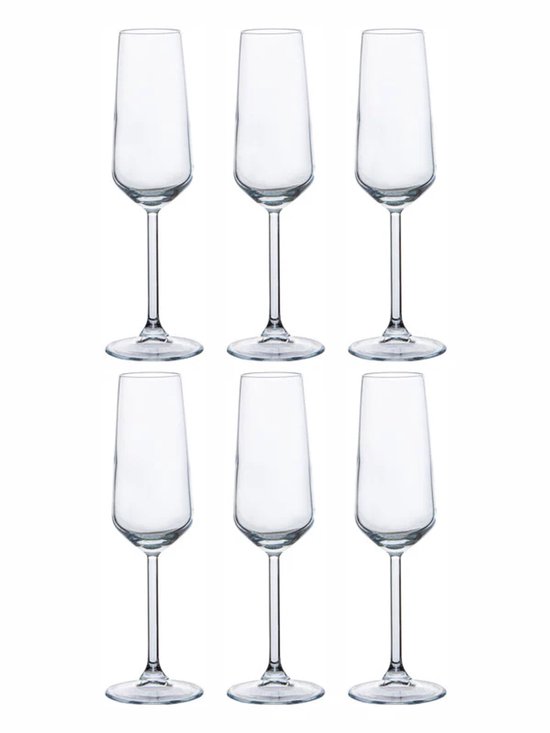 Ensemble de six flûtes à champagne vides avec des tiges élancées sur fond blanc.