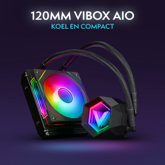 120MM Vibox AIO waterkoeler met RGB verlichting op de ventilator en de pompkop.