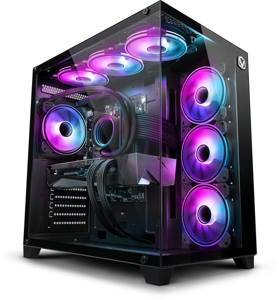 Gedetailleerde interne componenten van een Vibox gaming PC met RGB verlichting