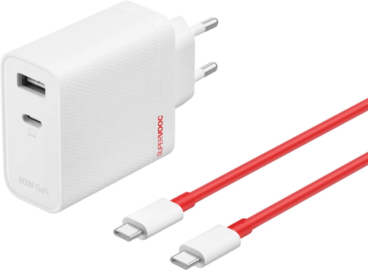 OnePlus SUPERVOOC 80W Dual Ports USB-A + USB-C GaN Power Adapter - Incl USB-C kabel - Wit