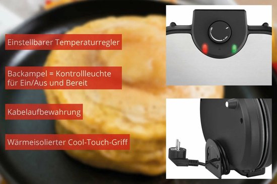 Pancakemaker met instelbare temperatuurregelaar, controlelampjes, kabelopbergruimte en cool-touch-greep.