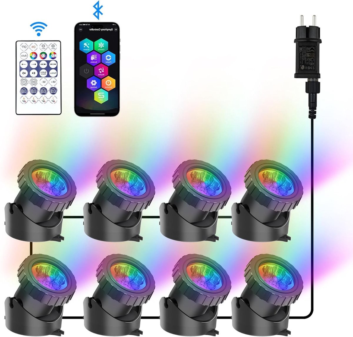 Waterdichte RGB LED Spotlight met Bluetooth App Bediening voor Tuin en Vijver - 8 in 1 Set