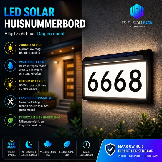LED huisnummerbord met de cijfers 6668, verlicht met 6000K helder wit licht. Waterdicht IP66, op zonne-energie en met automatische schemersensor.