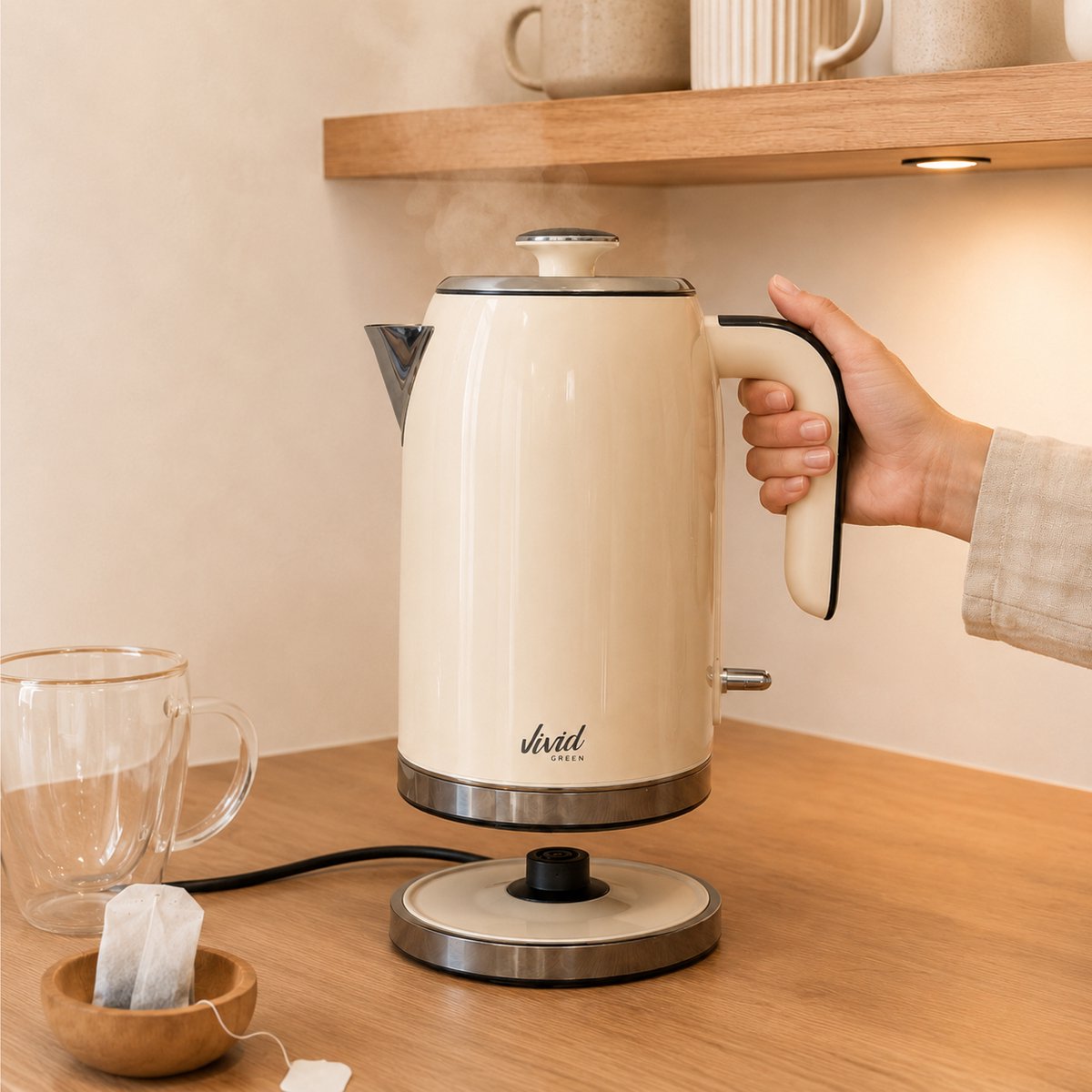 Vivid Green Luxe Waterkoker 1.7L - Retro Design - 2200W - BPA-vrij - 360° - RVS - Creme — afbeelding 3