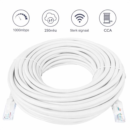 Een rol witte CAT6 UTP kabel met 1000mbps, 250mhz, sterk signaal en CCA label.
