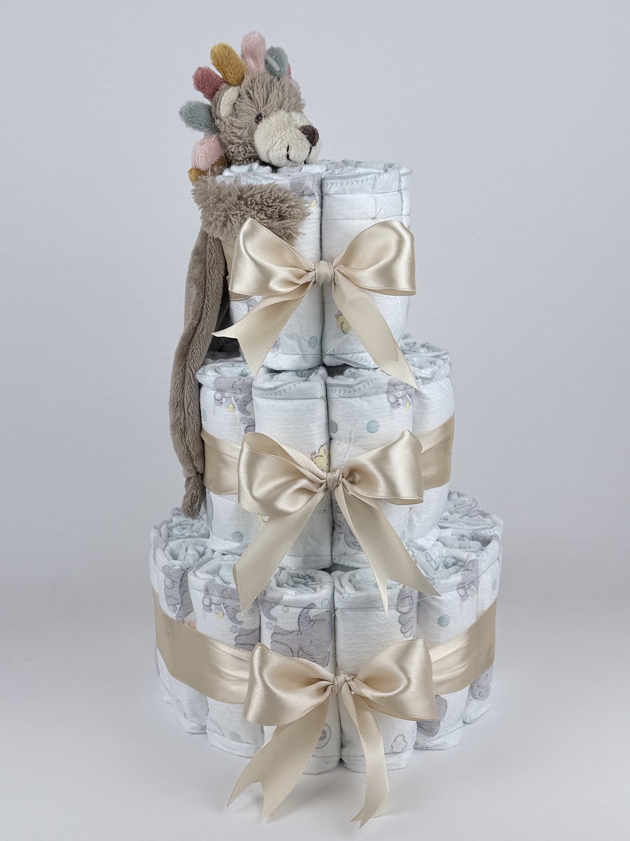 Chouette-Chouette | Luiertaart Neutraal | Kraamcadeau | Geboorte Jongen Meisje | Babyshower | Tuttle Leeuw Leon Beige