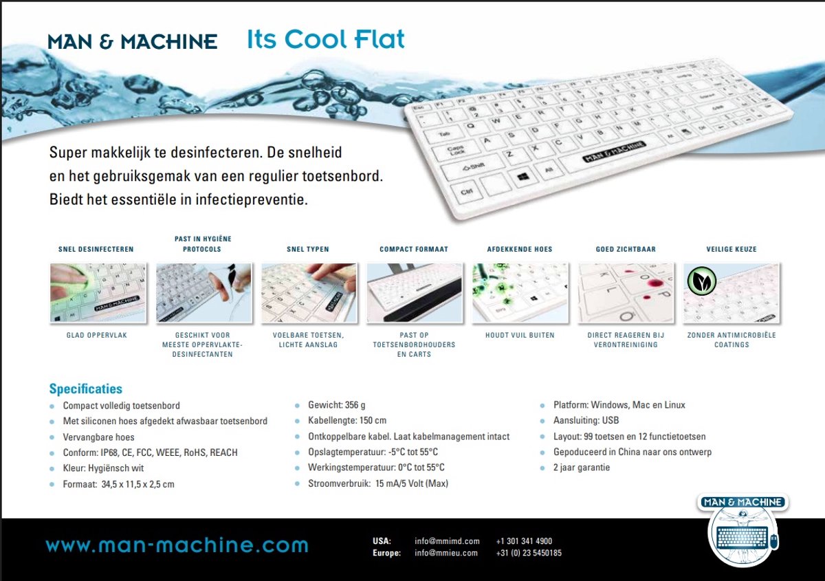 Man & Machine Medisch toetsenbord - Reinigbare en desinfecterend toestenbord - Wit  - Voldoet aan de WIP-richtlijnen voor o.a. tandartspraktijken
