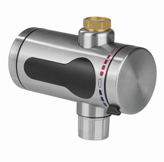 Compacte RVS doorstroomboiler met zwarte greep. Met temperatuurindicatie en SGS GS 'geprüfte Sicherheit'-certificering.
