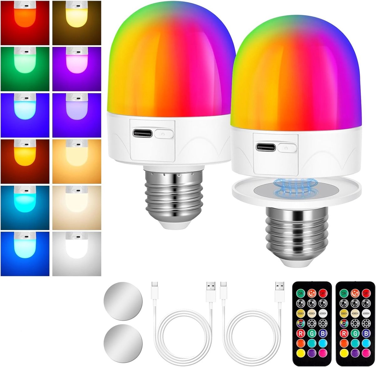 carmdering - Oplaadbare Gloeilamp E27 Dimbaar met Afstandsbediening, 3 Kleuren Led-Gloeilamp met Batterij, RGB-kleuren,5W Aanraakbediening, Batterij Gloeilamp met Timerfunctie, Magnetisch Noodlicht, Gloeilampen E27 - 2 Stuks