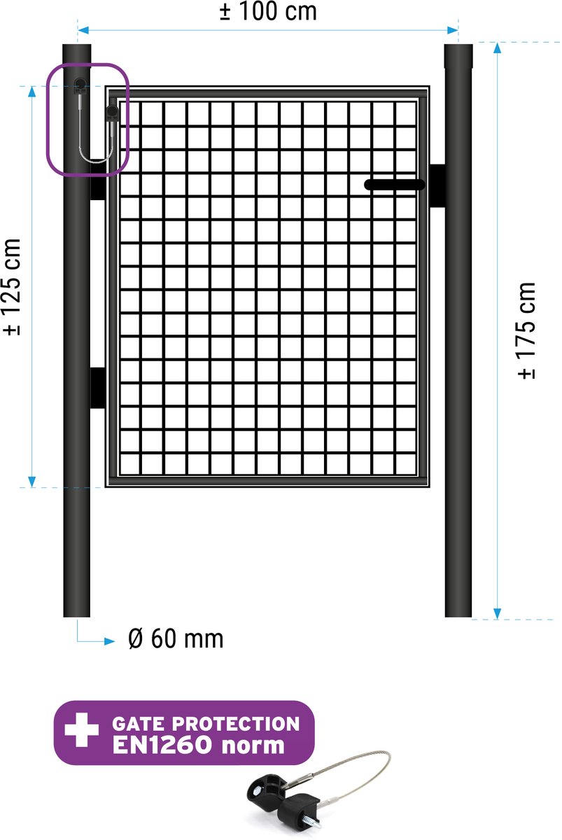 Enkele poort 125 cm (hoogte) 100cm (lengte) RAL 9005 zwart