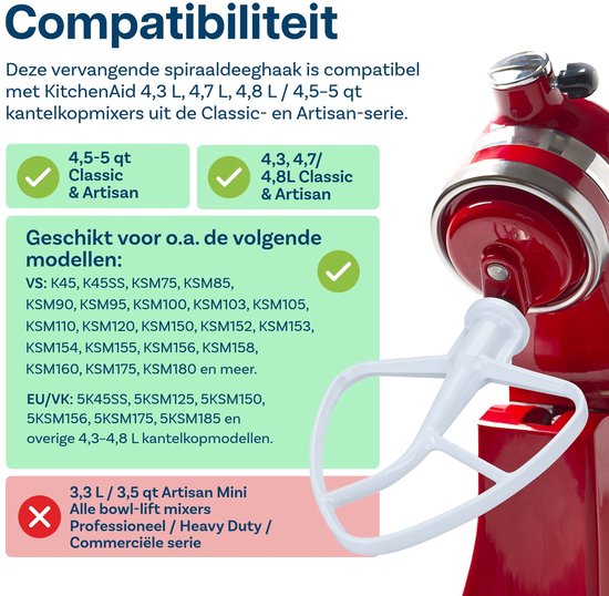 Platte Mixer K45B voor KitchenAid 4,5-5 Quart Tilt-Head Stand Mixers Artisan & Classic Series van MMOBIEL - Aluminium Opzetstuk Keuken - Platte Deegklopper Accessories - Enkel Handwas van MMOBIEL — afbeelding 2