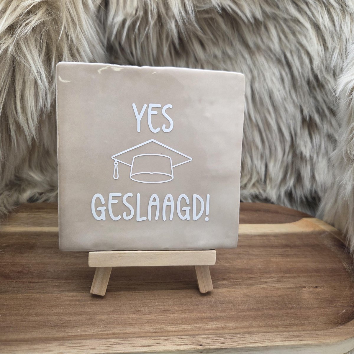 CreaCraft Robuust Wenstegeltje Yes Geslaagd! – Cadeau voor Geslaagde – Decoratief Aandenken – Wenstegeltje – Trendy nu – Decoratief Tegeltje met Standaard – Cadeau Idee Beige/Wit