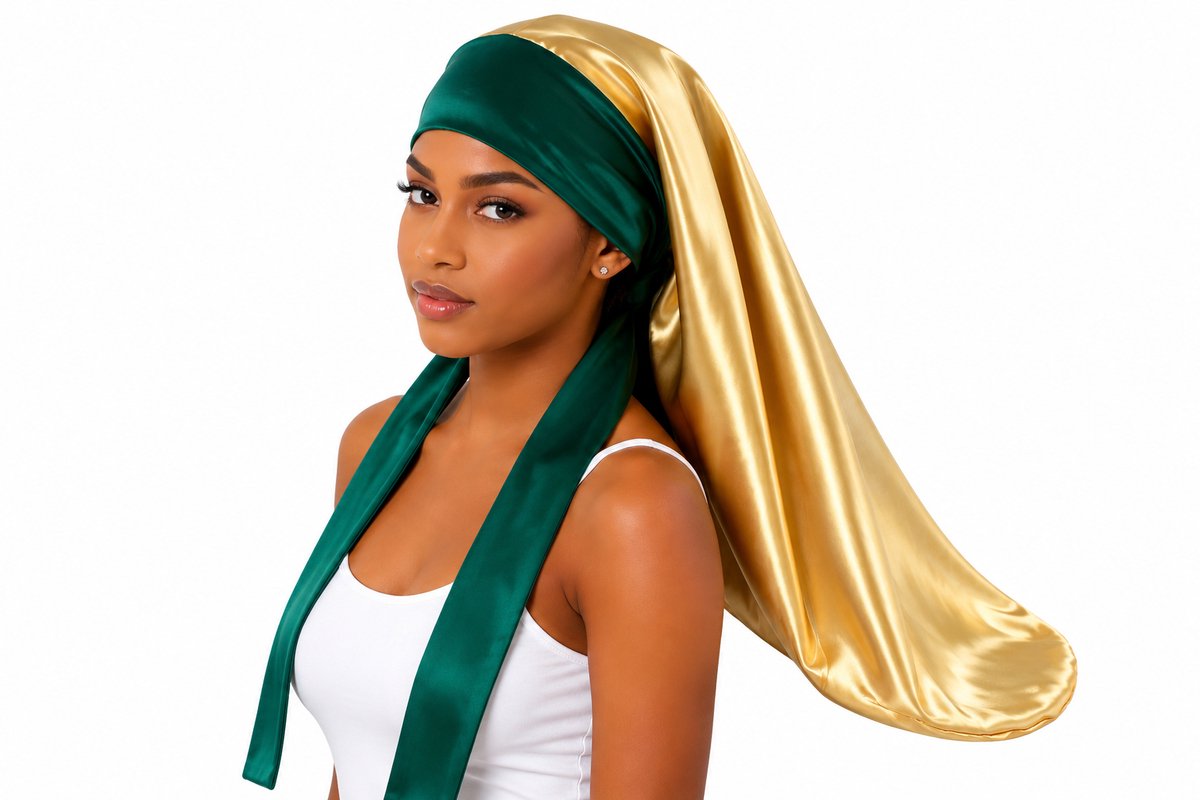 XARIA Satijnen Slaapmuts Lang Haar – Satijn Binnen & Buiten – Dubbelzijdige Bonnet met Lange Elastische Lussen – Omkeerbaar – Voor Krullen, Extensions, Dreads, Braids & Protective Styles- Groen/Goud
