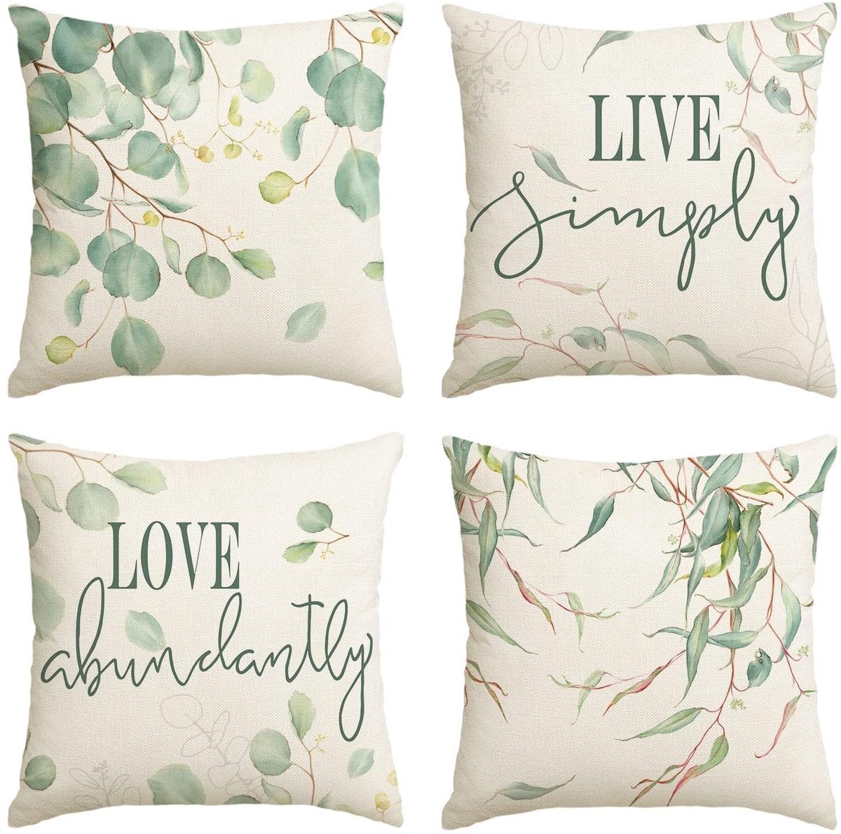 Livia home - Eucalyptus Kussenslopen - Set van 4 - 45x45 cm - Zomer Decoratie - Sierkussens - Geschikt voor Woonkamer en Slaapkamer