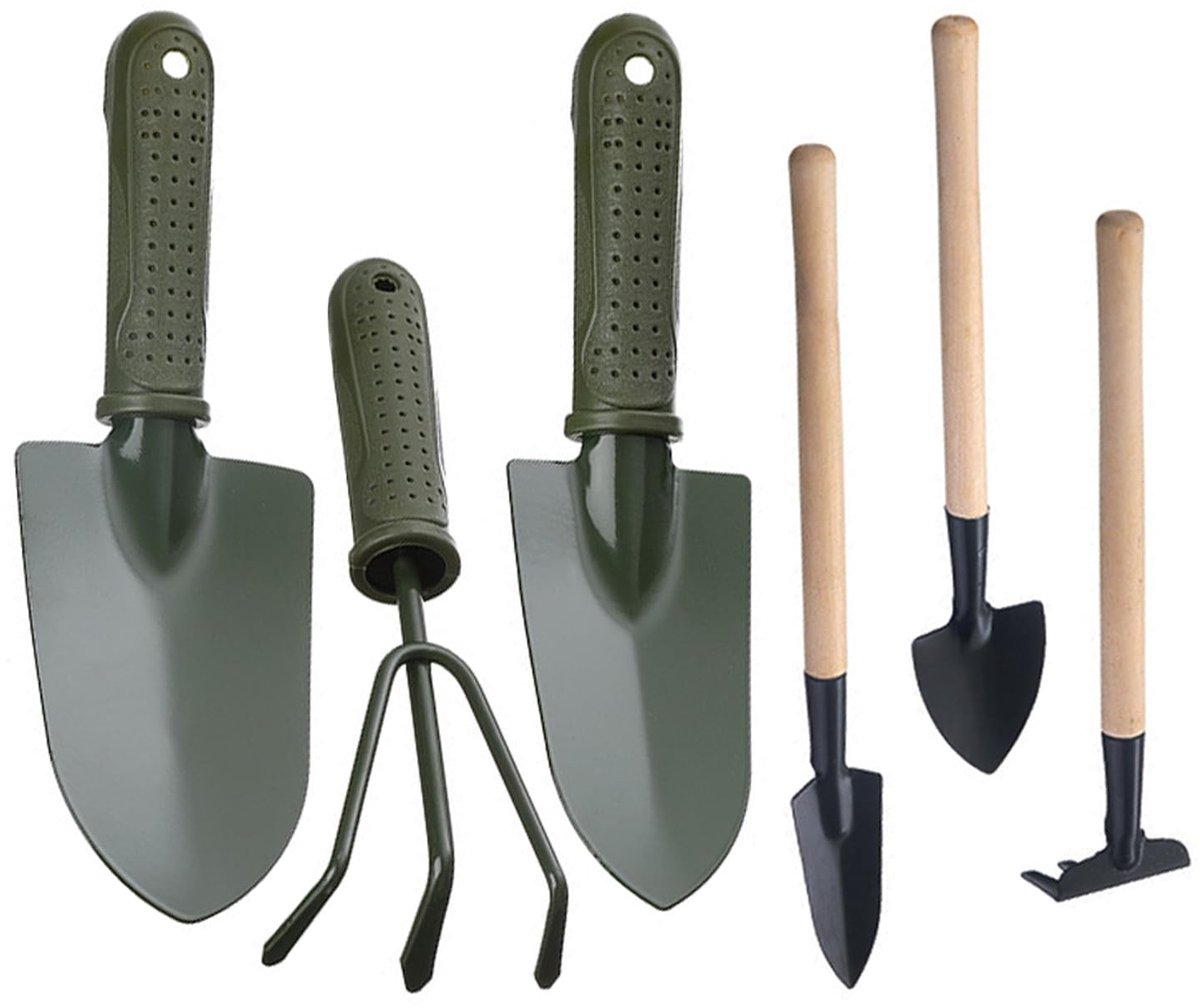 By shayne - Set met 6 mini-tuingereedschappen - Bloem- en plantgereedschappen - Anti-roest en anti-vlek - Donkergroen - Compact en veelzijdig - Ideaa.