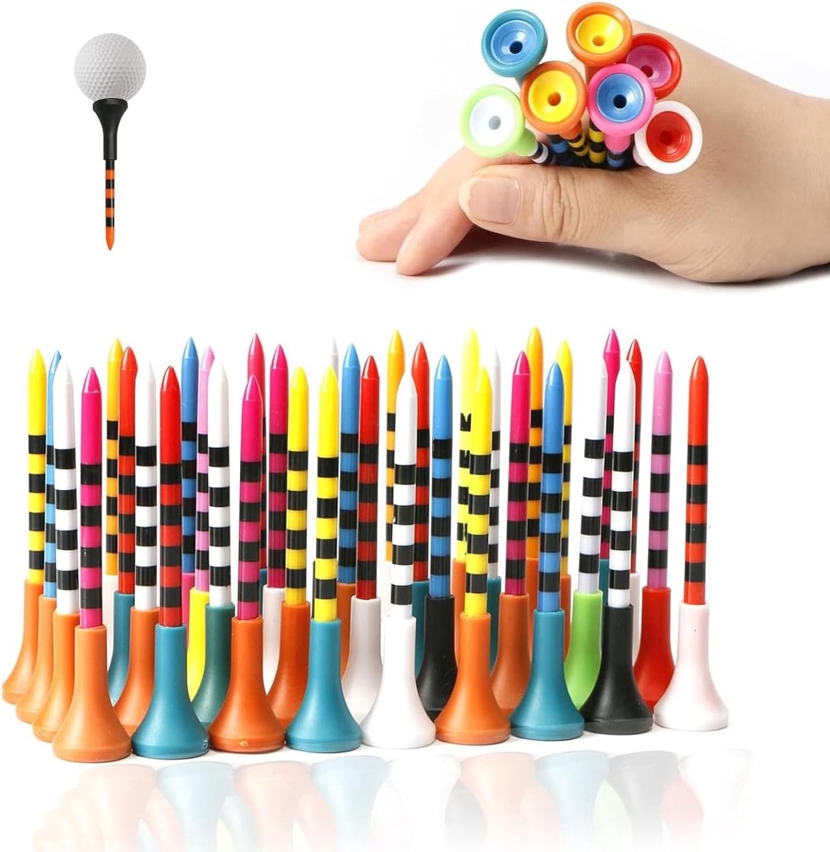 Set van 50 duurzame multicolour golf tees van plastic met rubberen kussens, ideaal voor golftraining en wedstrijden, 83 mm