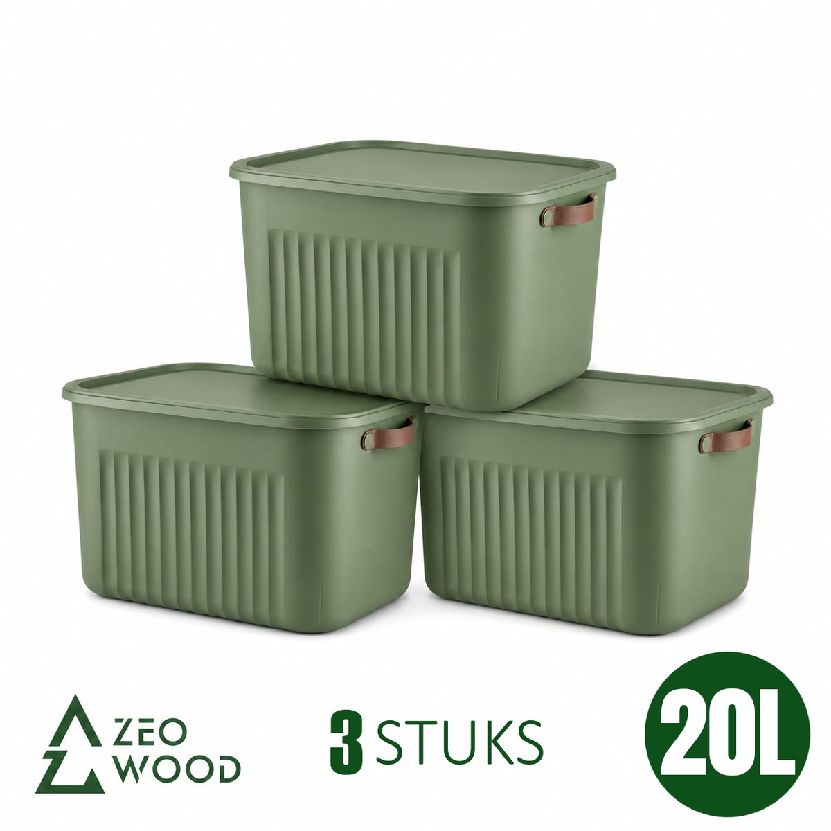 Zeo Wood® - Opbergbox met Deksel - Opbergdozen met Deksel - Opbergmand met Deksel - Set van 3 - 20L - Groen