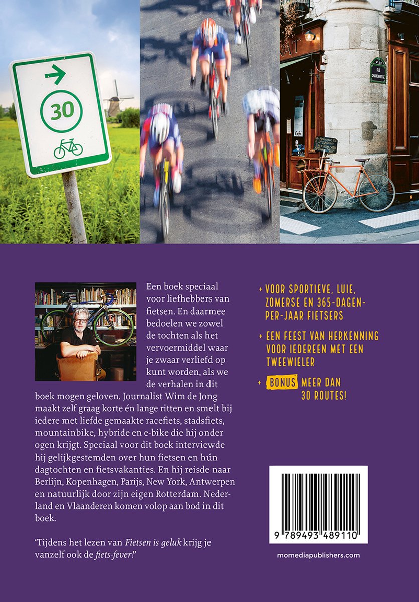 Collage: Grijze tekst met gele opsommingstekens, een man met een fiets, wielrenners, een straatscène en een verkeersbord.