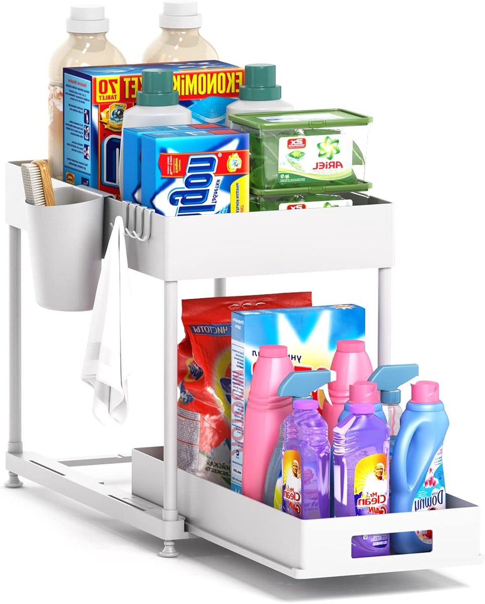 Onderkast Organizer 2 Laags met Schuiflade – Keuken & Badkamer Opbergrek – Ruimtebesparende Kast Organizer met 4 Haken en 2 Bekers – Multifunctioneel Onder Wasbak Rek – ABS & Metaal – Wit