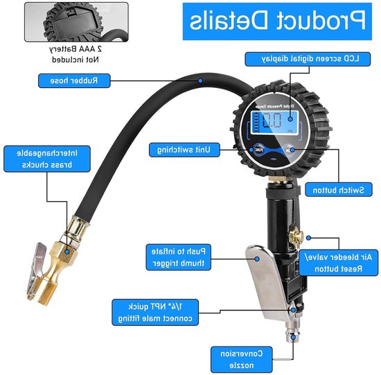 Digitale Bandenpomp met Drukmeter, Nauwkeurige Luchtdrukmeter tot 200 — afbeelding 2