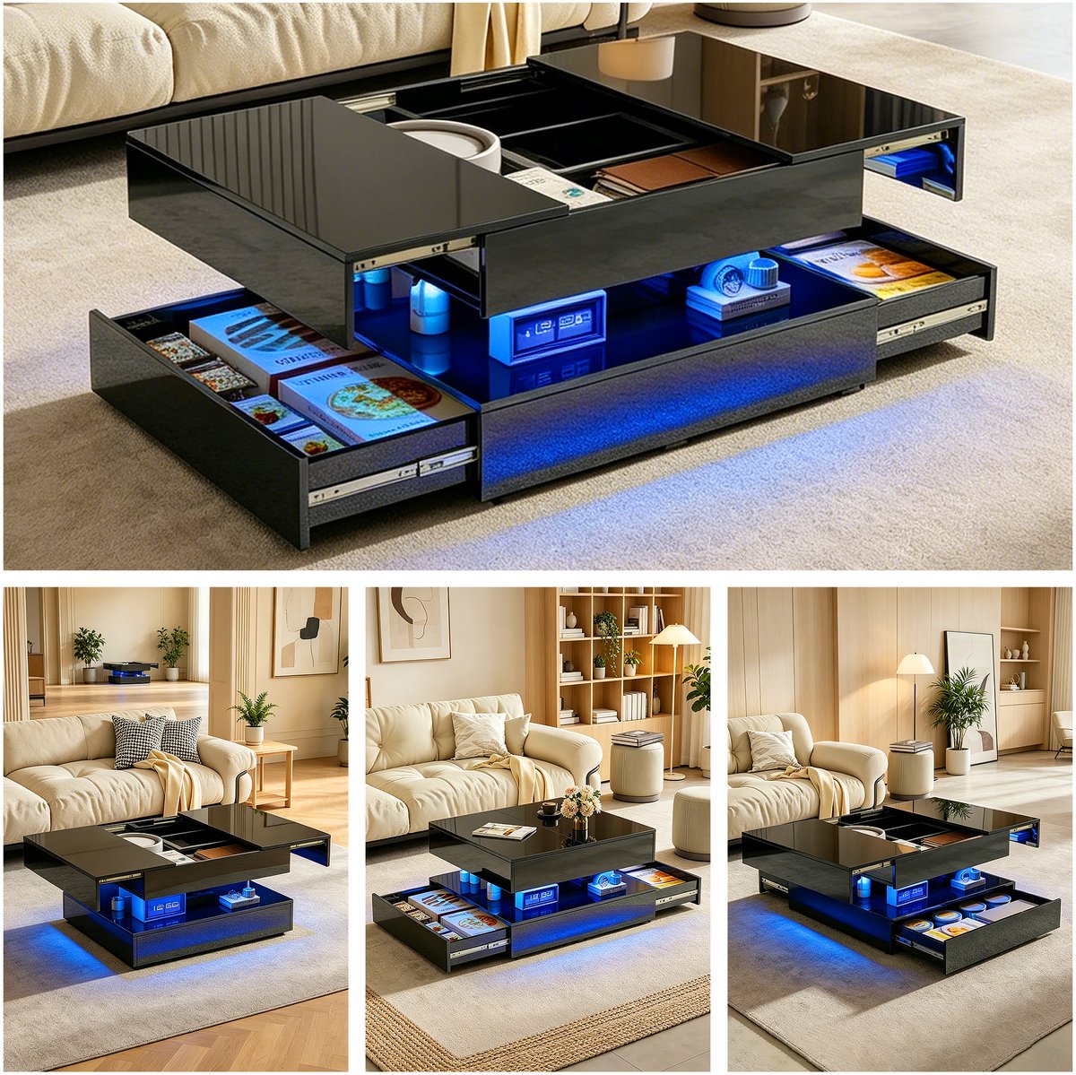 Salontafel met 2 lade， woonkamertafel,Banktafel，Hoogglans,met LED & Afgesloten opslagruimte, voor woonkamer,zwart，78x78x43cm