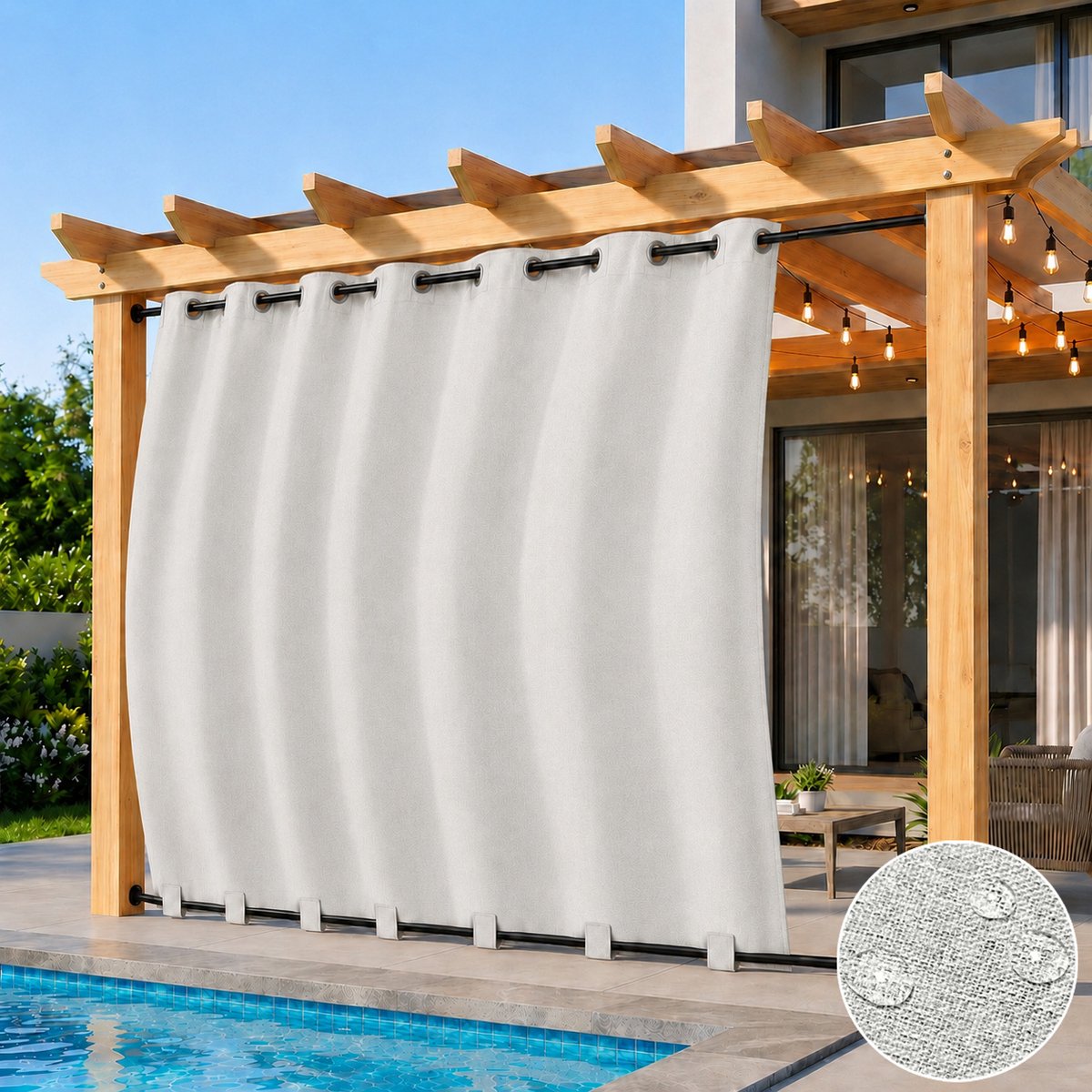 Qelus Linnenlook Buitengordijnen met Ringen en Verborgen Lussen - 254x244 cm - Waterdicht Buitengordijn voor Overkapping - Verduisterend en Winddicht Outdoorgordijn - Linnen Structuur - Grijsachtig wit - 1 Stuk