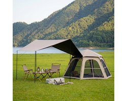 Pop-up Familietent met XXL Zonnescherm - 4-Persoons Koepeltent - Opzetten in 3 Seconden - Inclusief Voorluifel voor Extra Leefruimte - Waterdichte kampeertent - pop up tent voor Kamperen - festival tent + Draagtas - Kaki