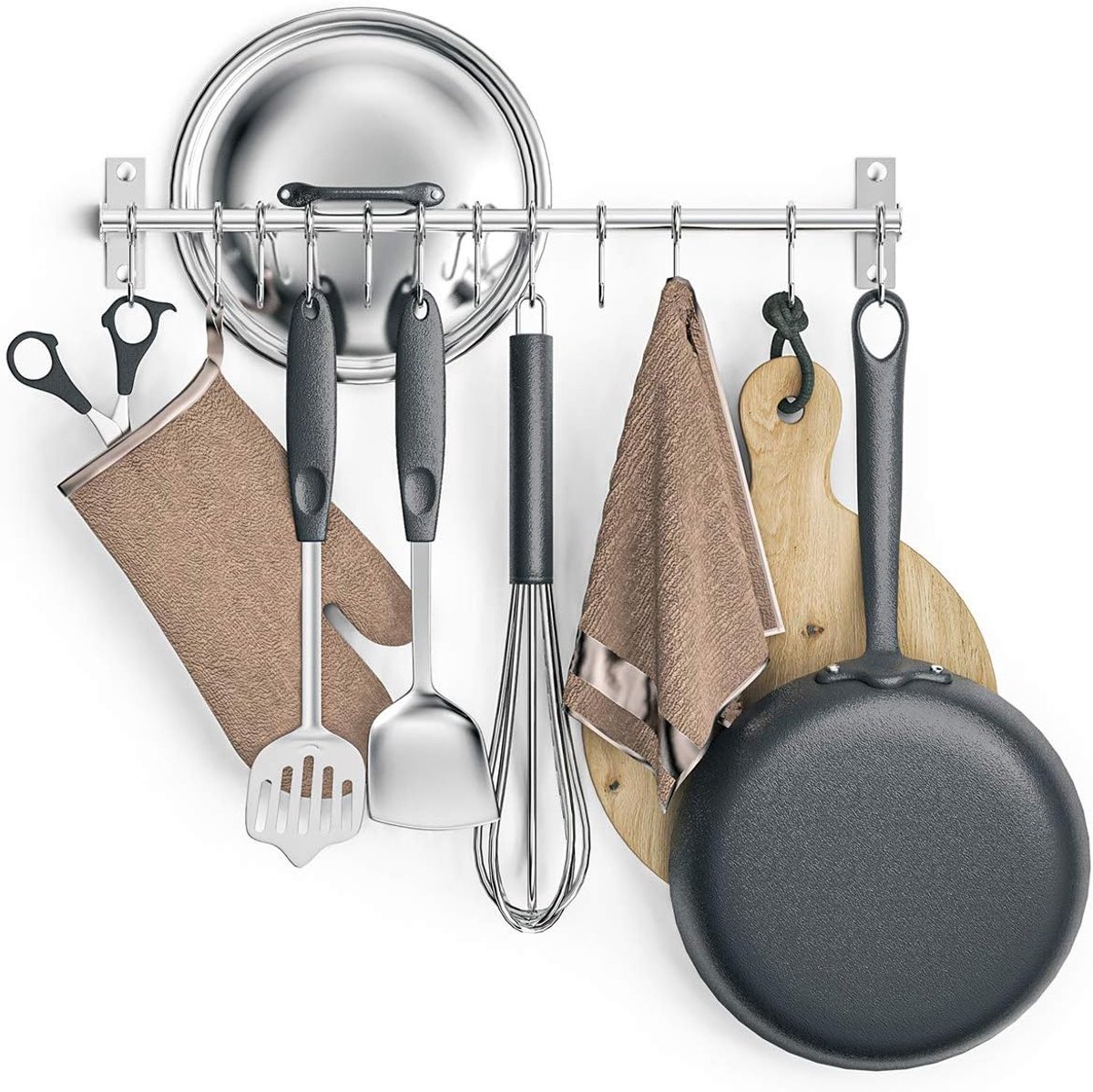 RVS Keukenrek met 12 Verstelbare Haken – Wandrek voor Keuken – Ophangrek voor Keukengerei & Handdoeken – Sterk tot 20 kg – Roestvrij Staal – Keuken Organizer voor Badkamer, Garage & Balkon