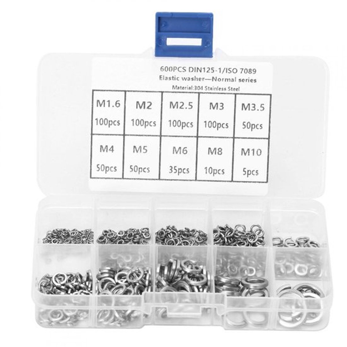 600pcs Elastische Ringveersluitringen - Assortiment M1.6-M10 in Diverse Specificaties
