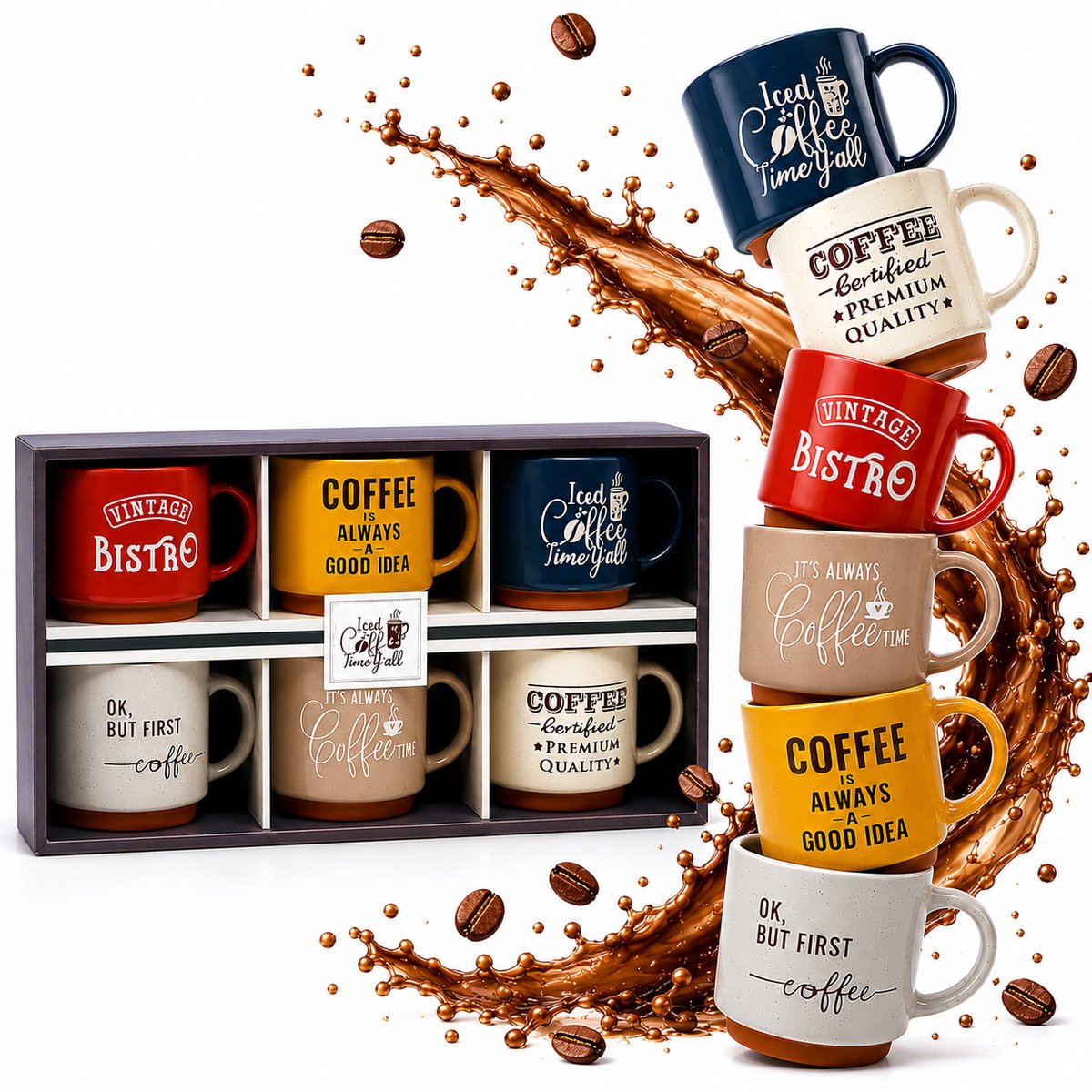 EasyMart Luxe Koffiemokken Set 6-Delig – Aardewerk Bekers 260ml – Vintage & Retro Koffiekopjes met Houder – Keramische Coffee Mugs Cadeauset – Design Kleurendoos – Cappuccino & Thee Kopjes