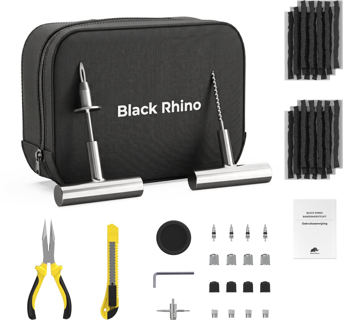 Black Rhino Bandenreparatieset Auto – Complete Bandenherstelkit met 20 Proppen – Voor Auto, Camper, Motor en ATV – Met Stalen Tools en Opbergtas