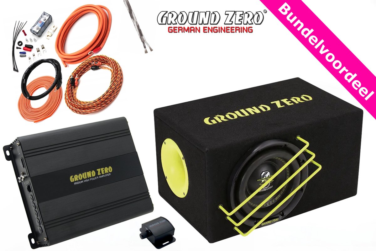 1000W Ground Zero compacte 8'' Subwoofer Kist + Monoblock + Bass Controller + Kabelset