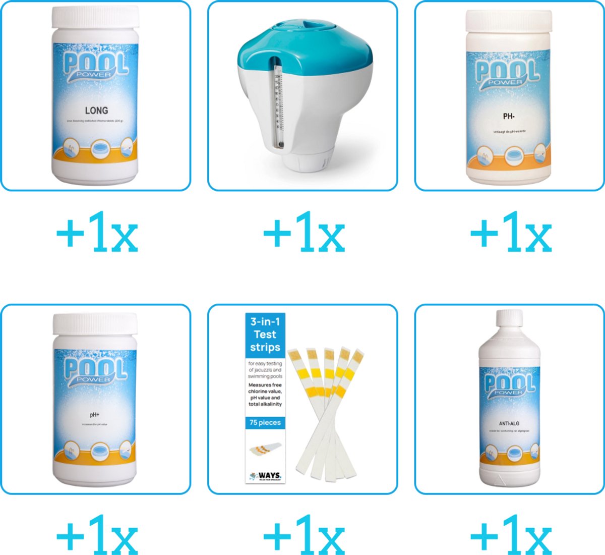 Zwembad Onderhoudspakket - Onderhoud Zwembad - bevat Chloor - Chloordrijver - PH-min - PH-plus - Testrips en Anti Alg (6-delig)