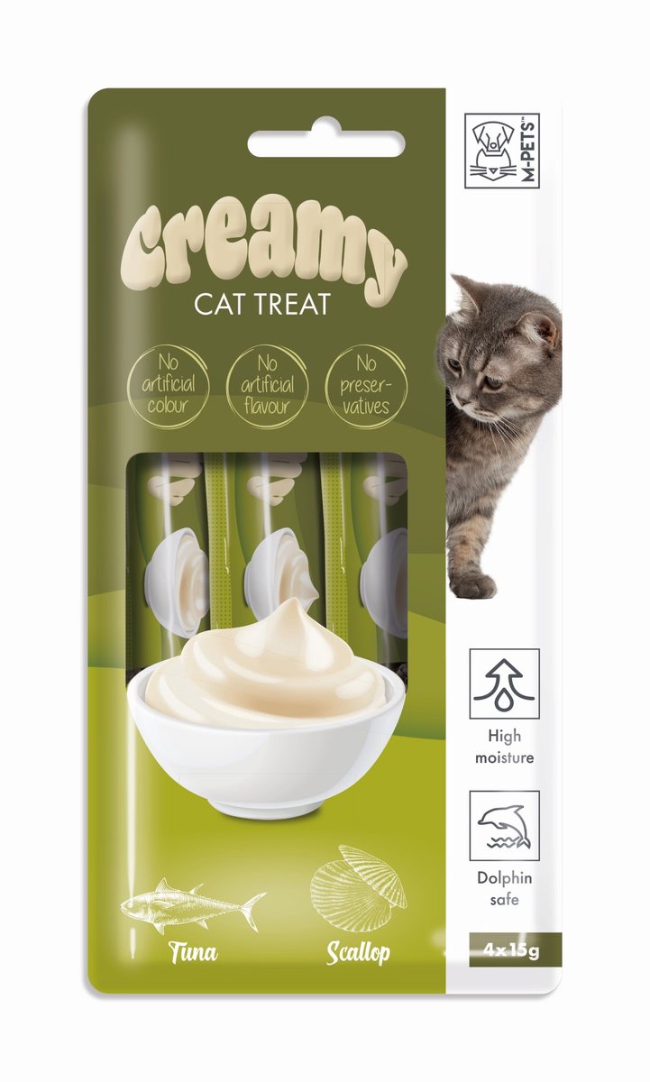 M-PETS Creamy kat snack tonijn&St. jacobsschelp 60g ( 4x15g ) - per 12