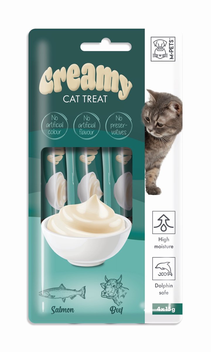 M-PETS Creamy kat snack zalm & rund 60g ( 4x15g ) - per 12