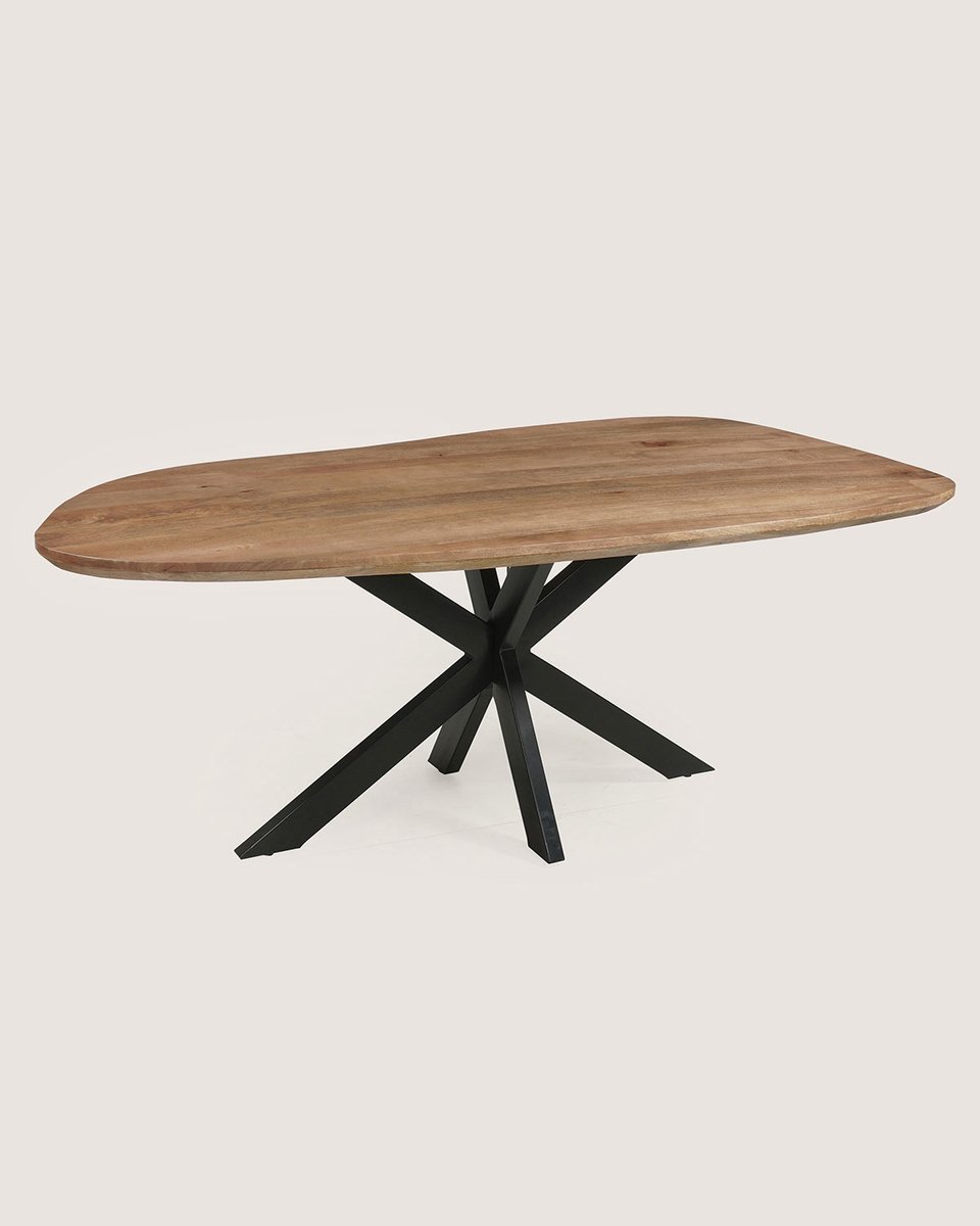 Organische Eettafel 240 cm Mangohout – Bruin – Zwart Metalen Matrix Onderstel – Elegant Chic – 7-8 Personen