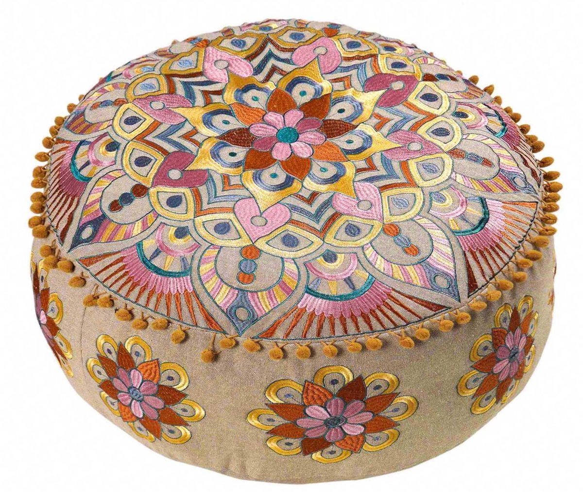 By shayne - Mandala Life Decoratief Vloerkussen - Handgemaakt - Rond 60 x 20 cm - Kleurrijk Borduurwerk - Yoga Kruk - Boho Chic