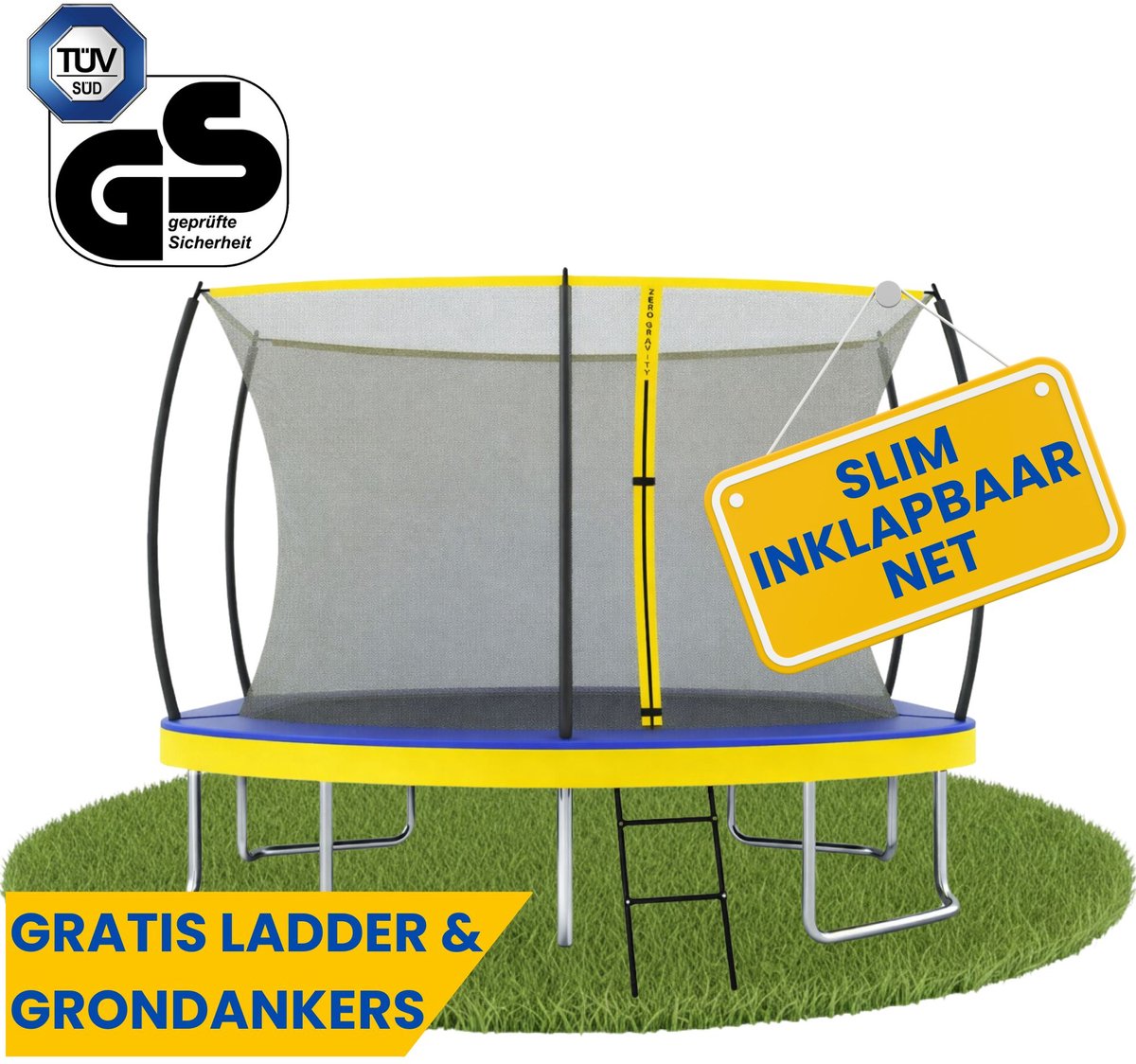 Zero Gravity trampoline 305x213cm rechthoekige – kindertrampoline met slim opvouwbaar veiligheidsnet – incl. ladder en grondankers – max. 100 kg - rechthoekige/ovale tuintrampoline - Ultima 5 Fun Edition