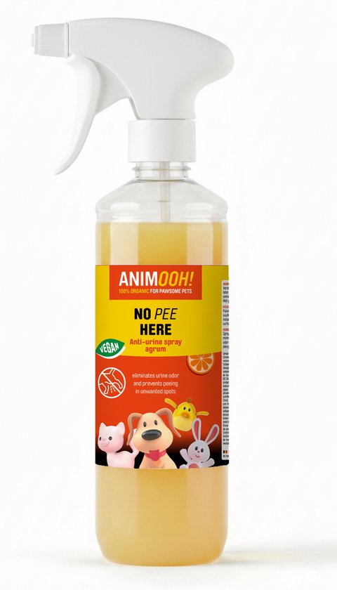 Spray AnimOOh! "No Pee Here", 100% bio, vegan, avec des images de chat, chien, lapin, oiseau et citron.