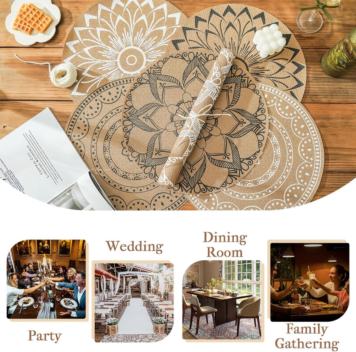 Placemat - Bohemian Ronde Placemat Set - Wasbaar Hittebestendig en Waterdicht - Mandala Jute Tafelmat - Geschikt voor Koffiemachine en Eettafel - Zijdeprint Licht Luxe - Set van 6 Stuks — cadeau in Wonen & Interieur - foto 4